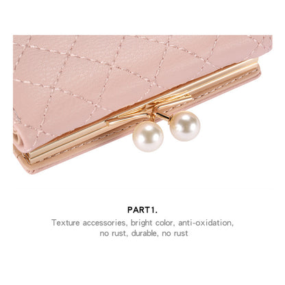 TAILIAN T7368-134 Pearl Clip Wallet PU Leather Card Storage Holder Stitching Rhombus Coin Pouch Bag