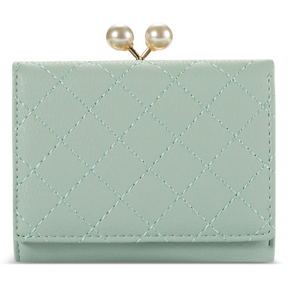 TAILIAN T7368-134 Pearl Clip Wallet PU Leather Card Storage Holder Stitching Rhombus Coin Pouch Bag
