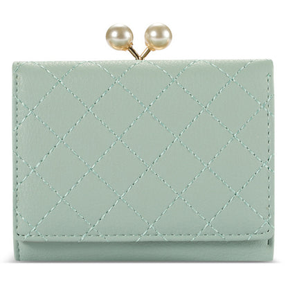 TAILIAN T7368-134 Pearl Clip Wallet PU Leather Card Storage Holder Stitching Rhombus Coin Pouch Bag