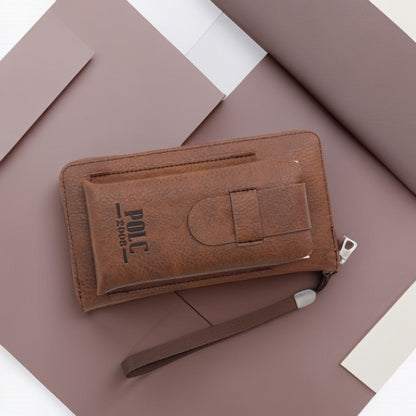 POLC PU Leather Zipper Design Wallet Coin Card Storage Holder Cash Cell Phone Organizer Pouch Wrist Clutch Bag