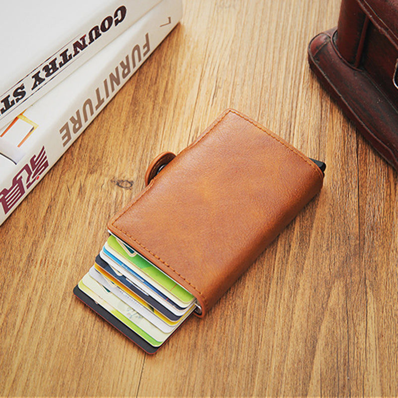 Credit Card Holder RFID Blocking PU Leather + Aluminum Alloy Pop Out Double Layer Card Case