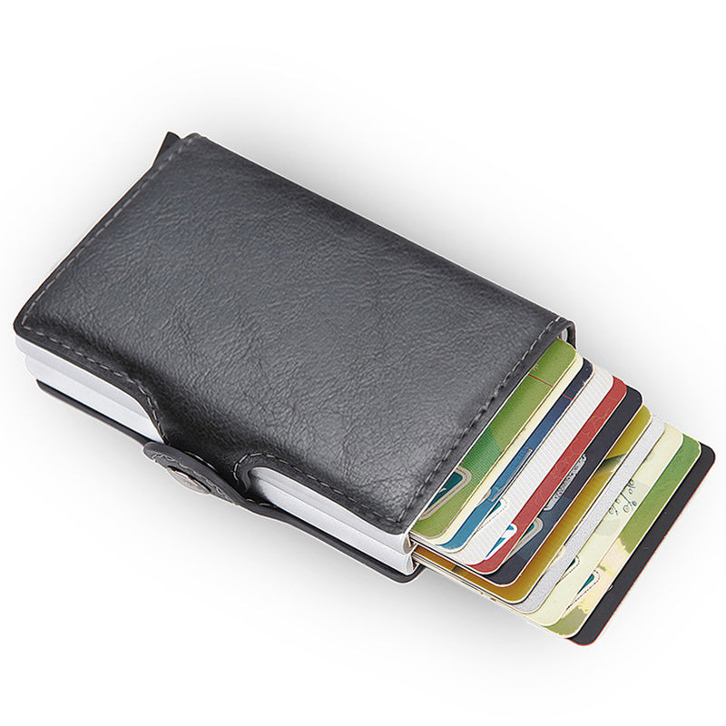 Credit Card Holder RFID Blocking PU Leather + Aluminum Alloy Pop Out Double Layer Card Case