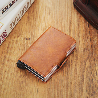 Credit Card Holder RFID Blocking PU Leather + Aluminum Alloy Pop Out Double Layer Card Case