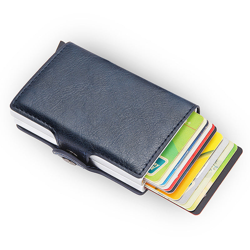Credit Card Holder RFID Blocking PU Leather + Aluminum Alloy Pop Out Double Layer Card Case