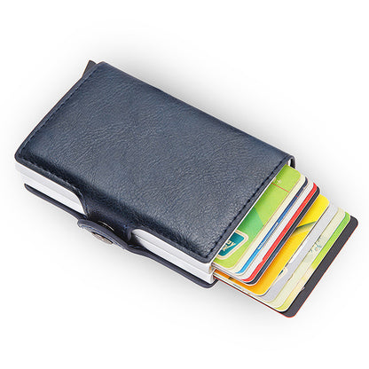 Credit Card Holder RFID Blocking PU Leather + Aluminum Alloy Pop Out Double Layer Card Case