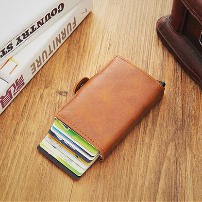 Credit Card Holder RFID Blocking PU Leather + Aluminum Alloy Pop Out Double Layer Card Case
