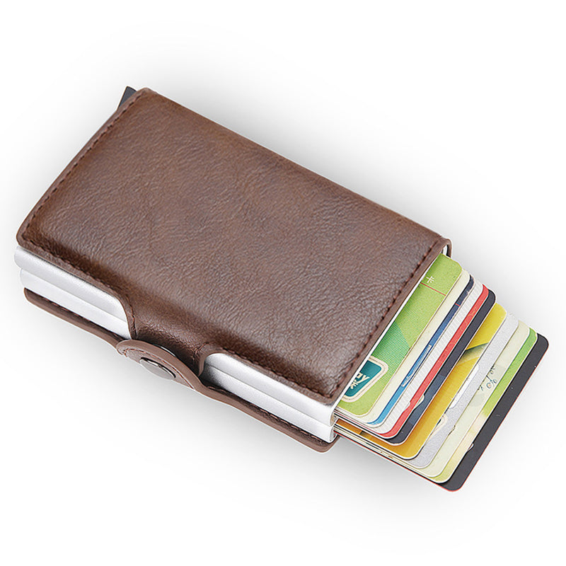 Credit Card Holder RFID Blocking PU Leather + Aluminum Alloy Pop Out Double Layer Card Case