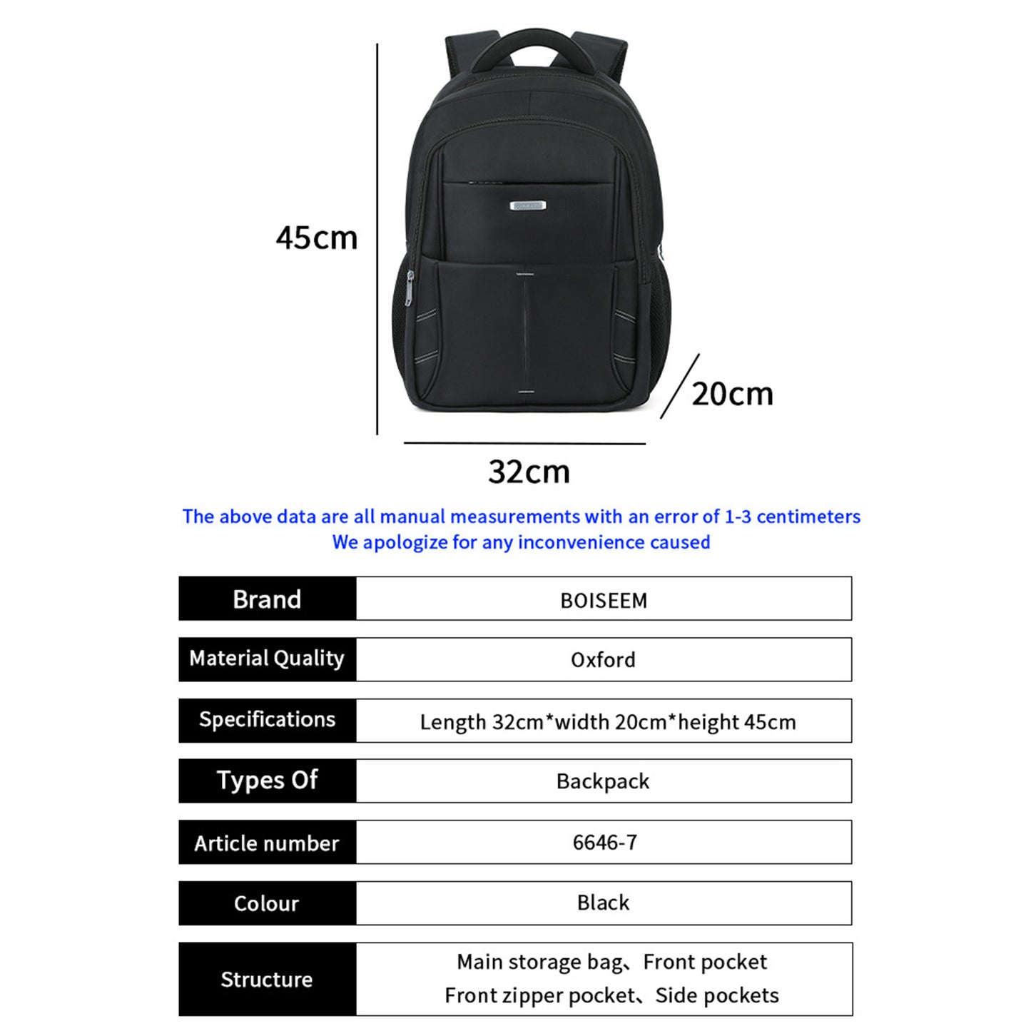 BOISEEN 6646-7 Oxford Waterproof Daypack Casual Travel Bag with Laptop Compartment Fit 17 inch Laptop