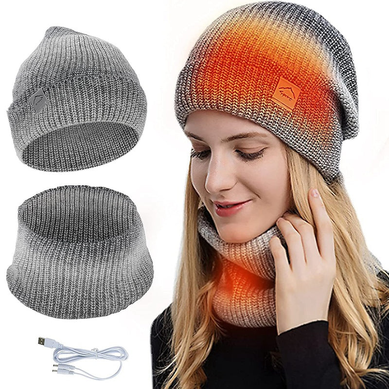 USB Heated Hat and Scarf Set Knit Beanie Hat Neck Warmer for Men Women Soft Lined Knitted Hat Winter Warm Cap
