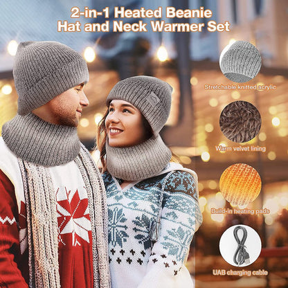USB Heated Hat and Scarf Set Knit Beanie Hat Neck Warmer for Men Women Soft Lined Knitted Hat Winter Warm Cap