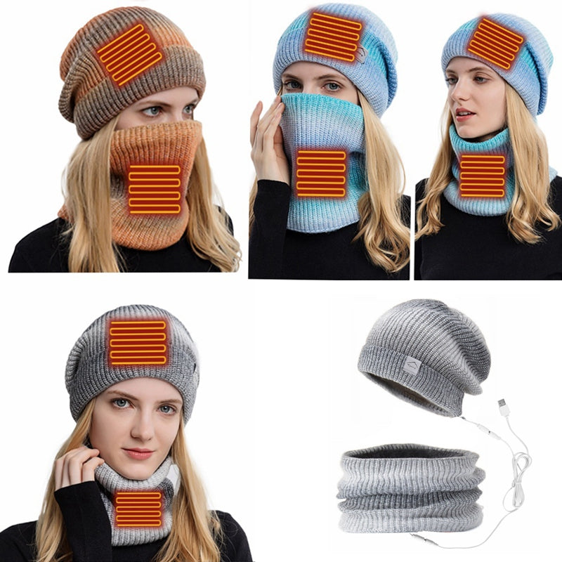 USB Heated Hat and Scarf Set Knit Beanie Hat Neck Warmer for Men Women Soft Lined Knitted Hat Winter Warm Cap