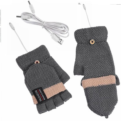 1 Pair USB Electric Heating Warm Gloves Winter Double-side Heated Half Finger Gloves with Flap Lid