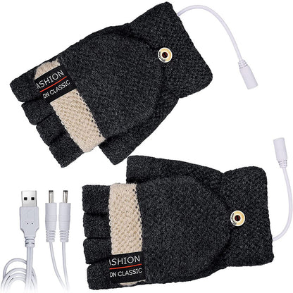 1 Pair USB Electric Heating Warm Gloves Winter Double-side Heated Half Finger Gloves with Flap Lid