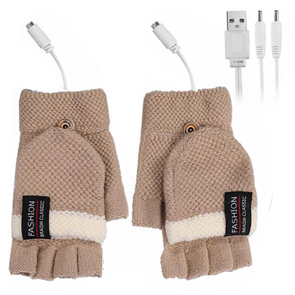 1 Pair USB Electric Heating Warm Gloves Winter Double-side Heated Half Finger Gloves with Flap Lid