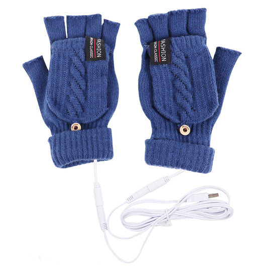 1 Pair USB Electric Heating Winter Gloves Warm Heated Polyester Half Finger Gloves with Flap Cover