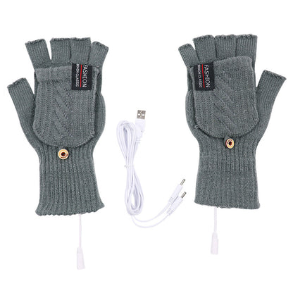 1 Pair USB Electric Heating Winter Gloves Warm Heated Polyester Half Finger Gloves with Flap Cover