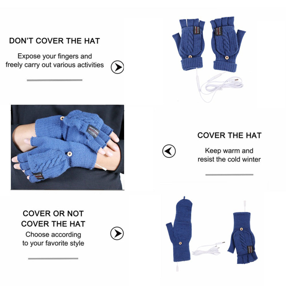 1 Pair USB Electric Heating Winter Gloves Warm Heated Polyester Half Finger Gloves with Flap Cover