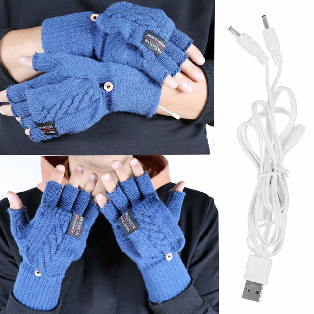 1 Pair USB Electric Heating Winter Gloves Warm Heated Polyester Half Finger Gloves with Flap Cover