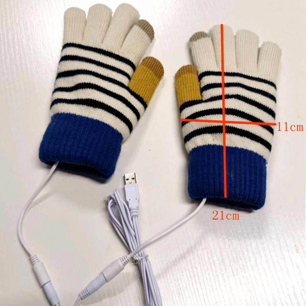 1 Pair Stripe Pattern USB Heated Gloves Heating Fiber Winter Hands Warm Gloves Knitting Full Finger Warmer