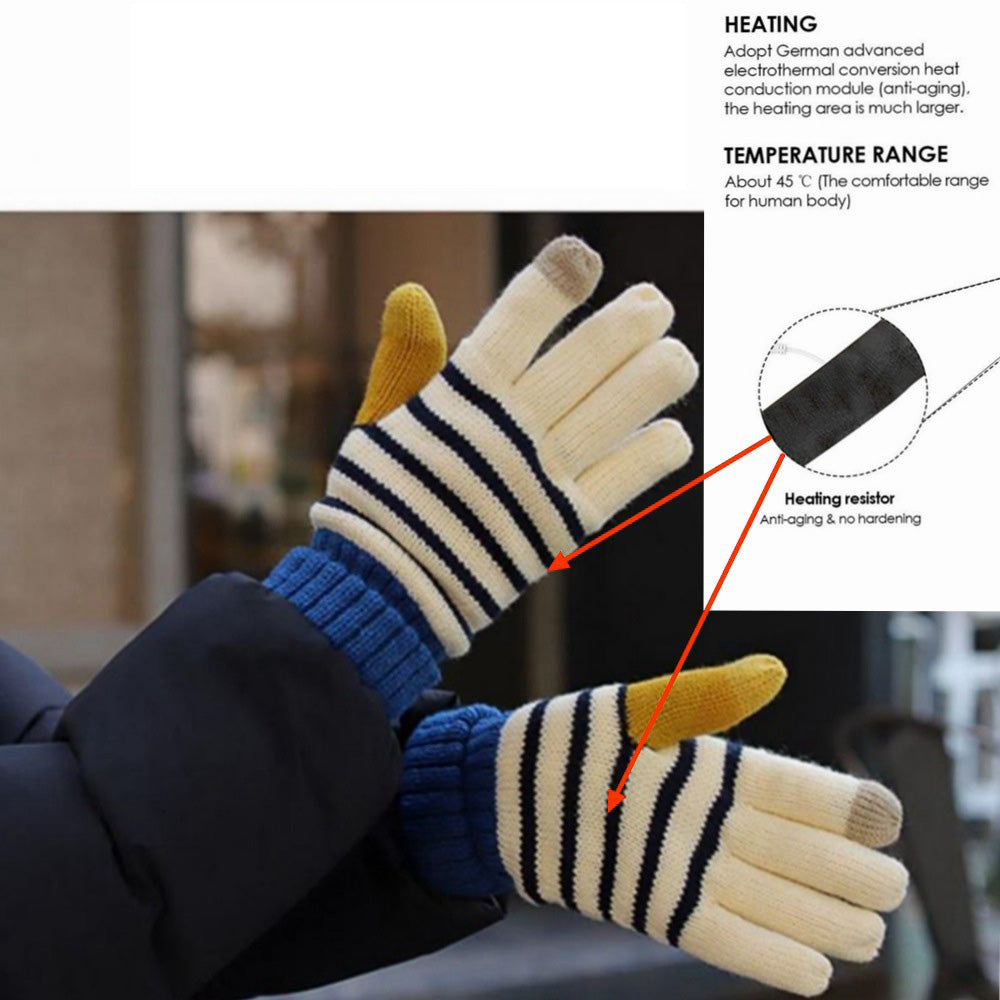 1 Pair Stripe Pattern USB Heated Gloves Heating Fiber Winter Hands Warm Gloves Knitting Full Finger Warmer