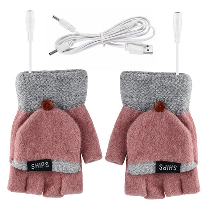 1 Pair Women USB Electric Heating Gloves Winter Double-side Heating Half Finger Gloves with Flap Lid