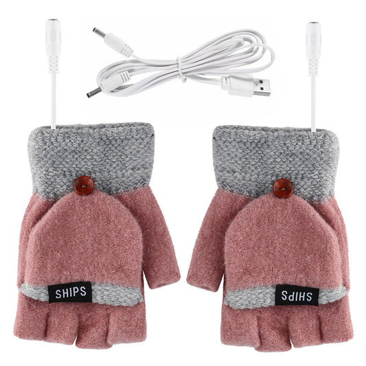 1 Pair Women USB Electric Heating Gloves Winter Double-side Heating Half Finger Gloves with Flap Lid