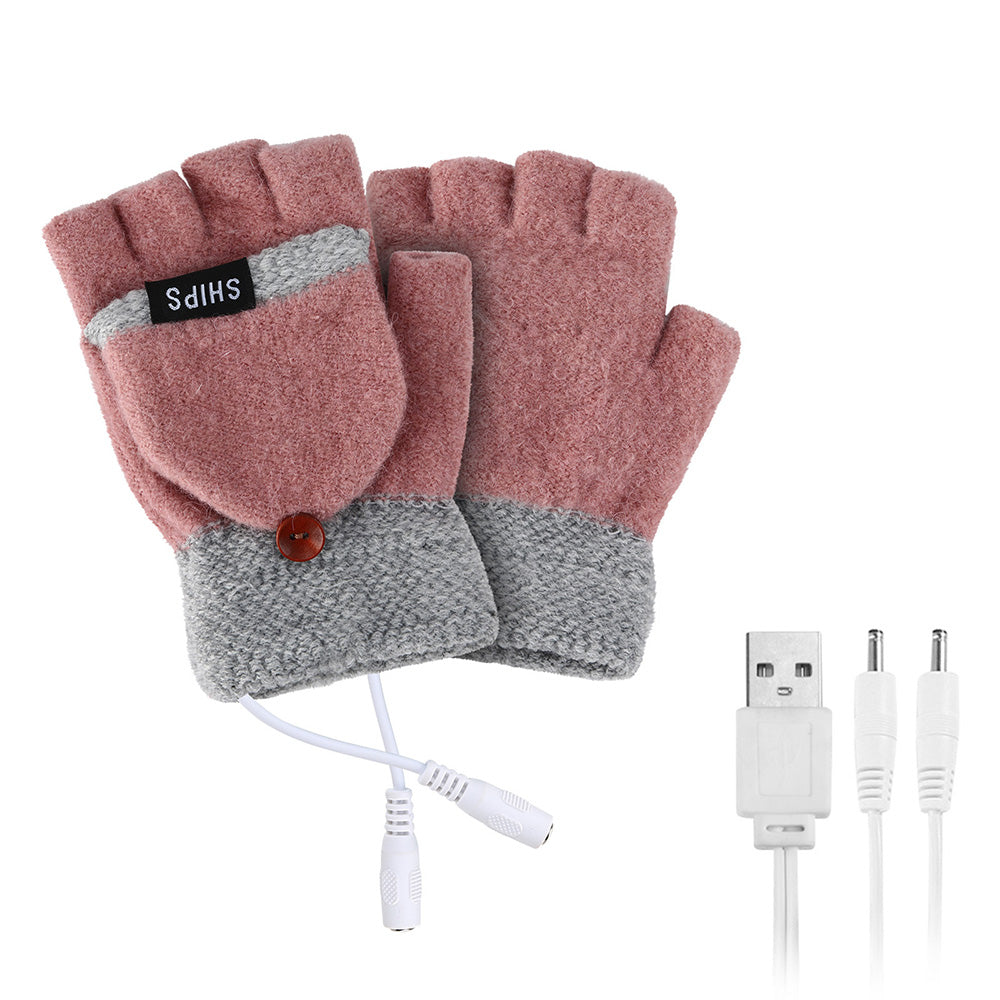 1 Pair Women USB Electric Heating Gloves Winter Double-side Heating Half Finger Gloves with Flap Lid