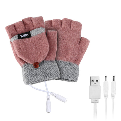 1 Pair Women USB Electric Heating Gloves Winter Double-side Heating Half Finger Gloves with Flap Lid