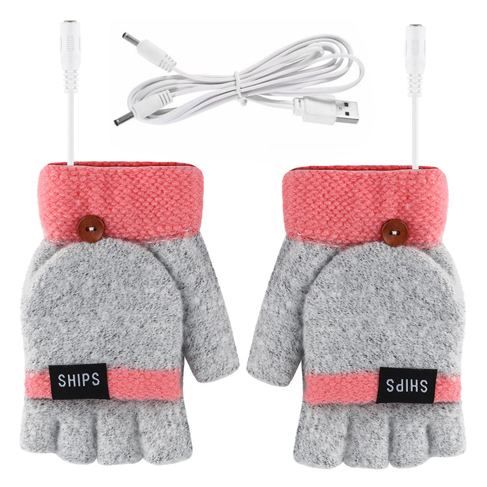 1 Pair Women USB Electric Heating Gloves Winter Double-side Heating Half Finger Gloves with Flap Lid