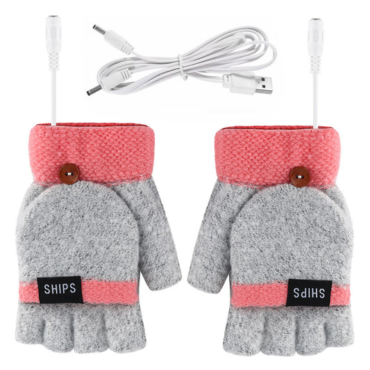 1 Pair Women USB Electric Heating Gloves Winter Double-side Heating Half Finger Gloves with Flap Lid