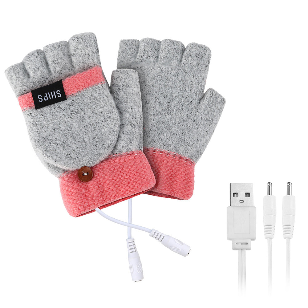 1 Pair Women USB Electric Heating Gloves Winter Double-side Heating Half Finger Gloves with Flap Lid