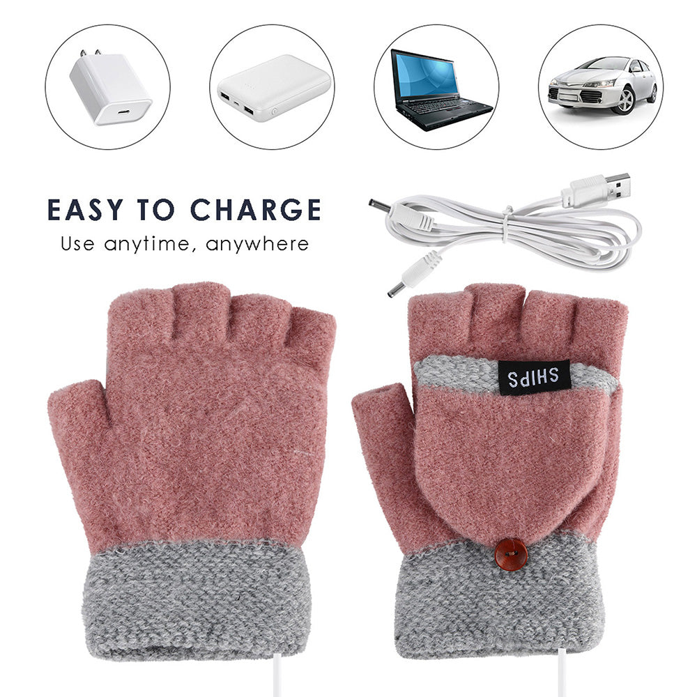 1 Pair Women USB Electric Heating Gloves Winter Double-side Heating Half Finger Gloves with Flap Lid