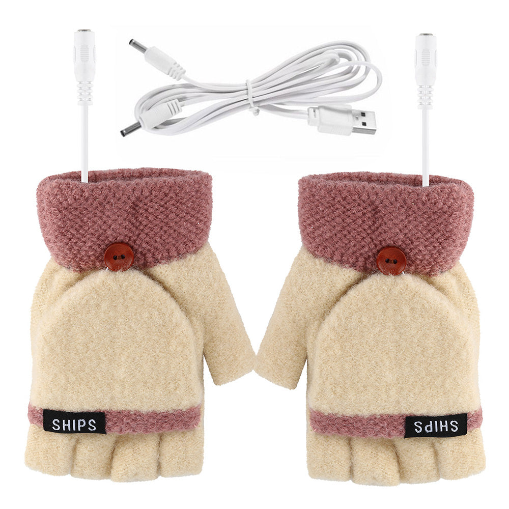 1 Pair Women USB Electric Heating Gloves Winter Double-side Heating Half Finger Gloves with Flap Lid