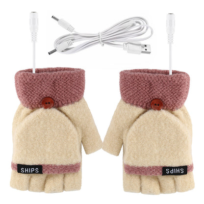 1 Pair Women USB Electric Heating Gloves Winter Double-side Heating Half Finger Gloves with Flap Lid