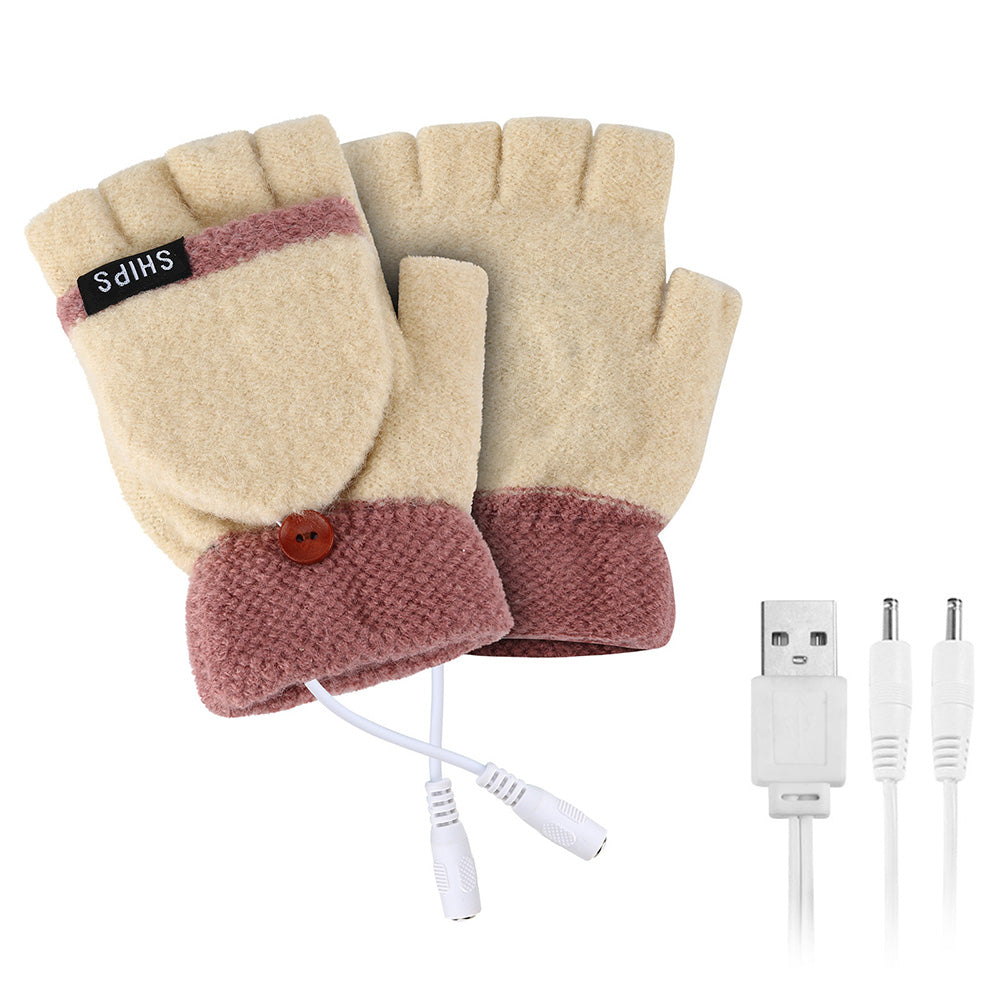 1 Pair Women USB Electric Heating Gloves Winter Double-side Heating Half Finger Gloves with Flap Lid