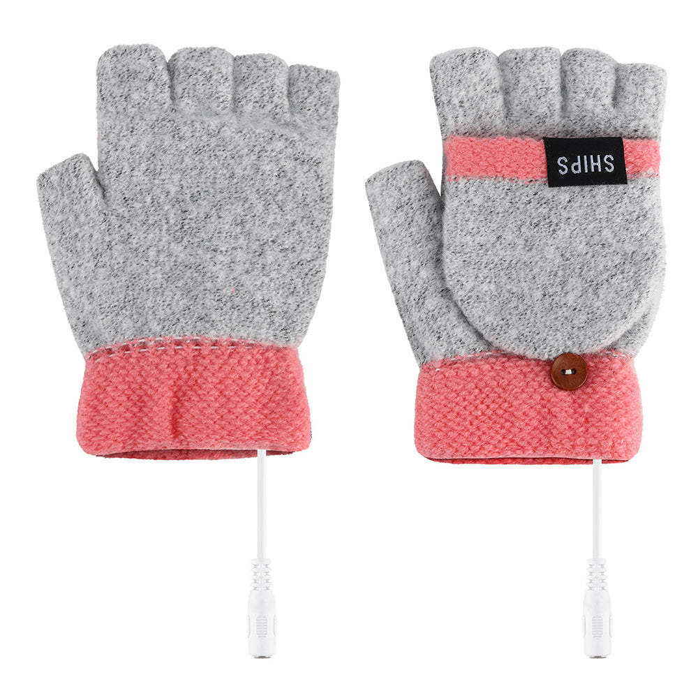 1 Pair Women USB Electric Heating Gloves Winter Double-side Heating Half Finger Gloves with Flap Lid