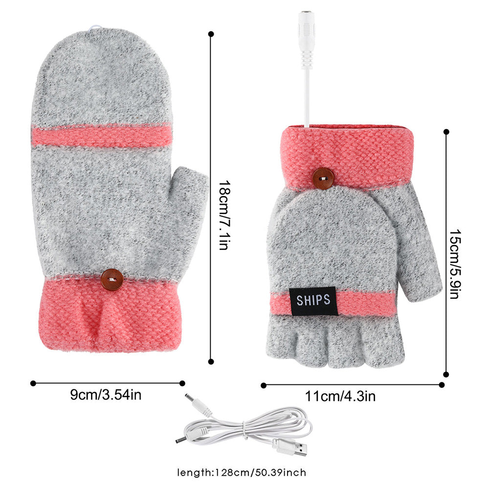 1 Pair Women USB Electric Heating Gloves Winter Double-side Heating Half Finger Gloves with Flap Lid