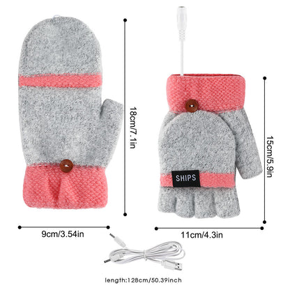 1 Pair Women USB Electric Heating Gloves Winter Double-side Heating Half Finger Gloves with Flap Lid