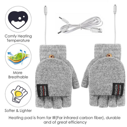 1 Pair USB Electric Heating Winter Gloves Warm Heated Polyester Half Finger Gloves with Flap Lid