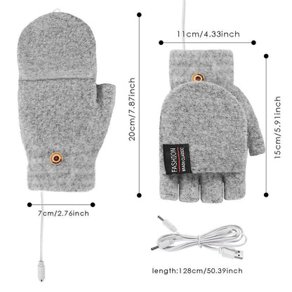 1 Pair USB Electric Heating Winter Gloves Warm Heated Polyester Half Finger Gloves with Flap Lid