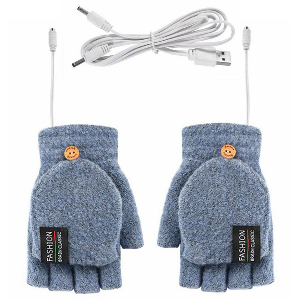 1 Pair USB Electric Heating Winter Gloves Warm Heated Polyester Half Finger Gloves with Flap Lid