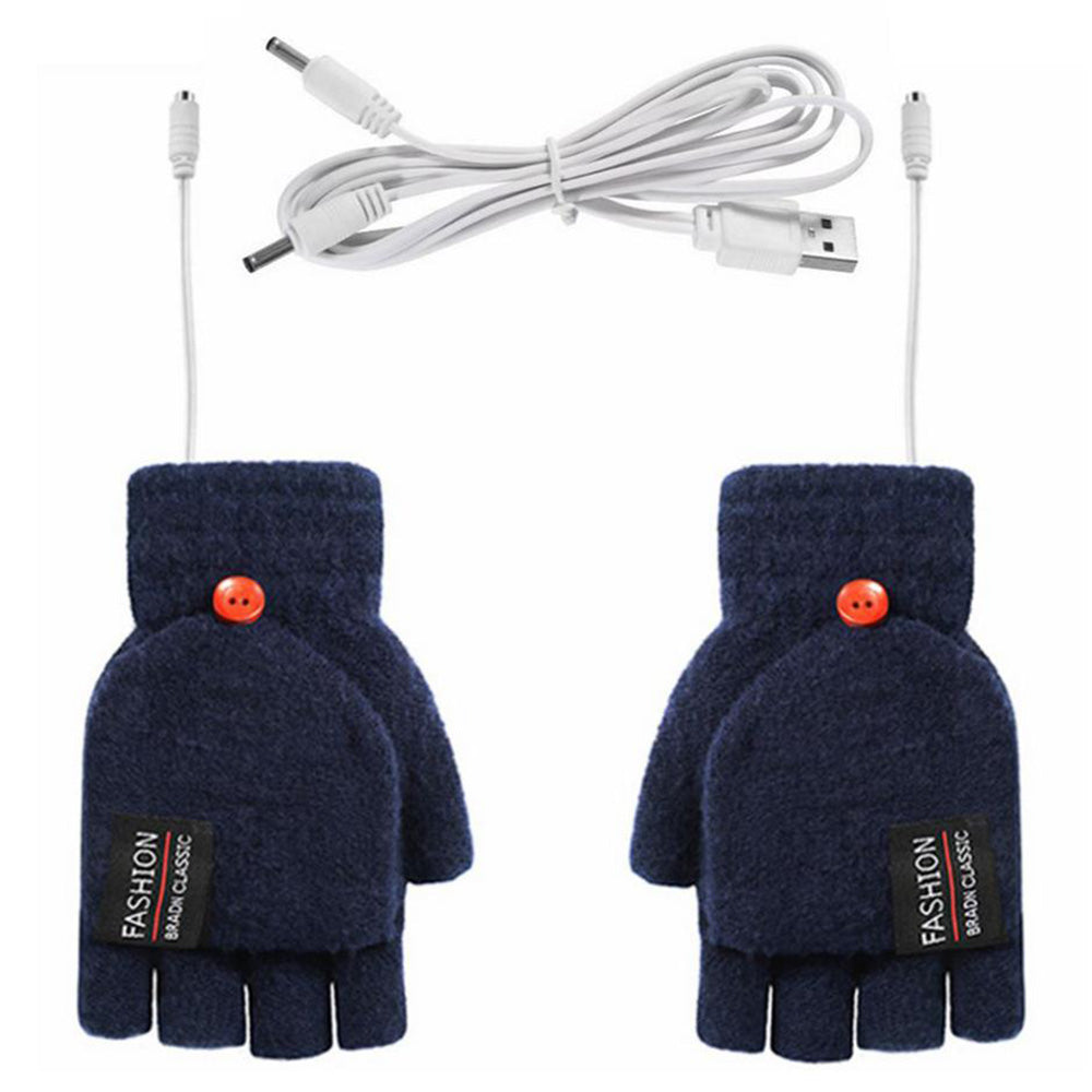 1 Pair USB Electric Heating Winter Gloves Warm Heated Polyester Half Finger Gloves with Flap Lid