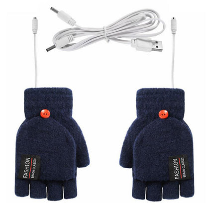1 Pair USB Electric Heating Winter Gloves Warm Heated Polyester Half Finger Gloves with Flap Lid