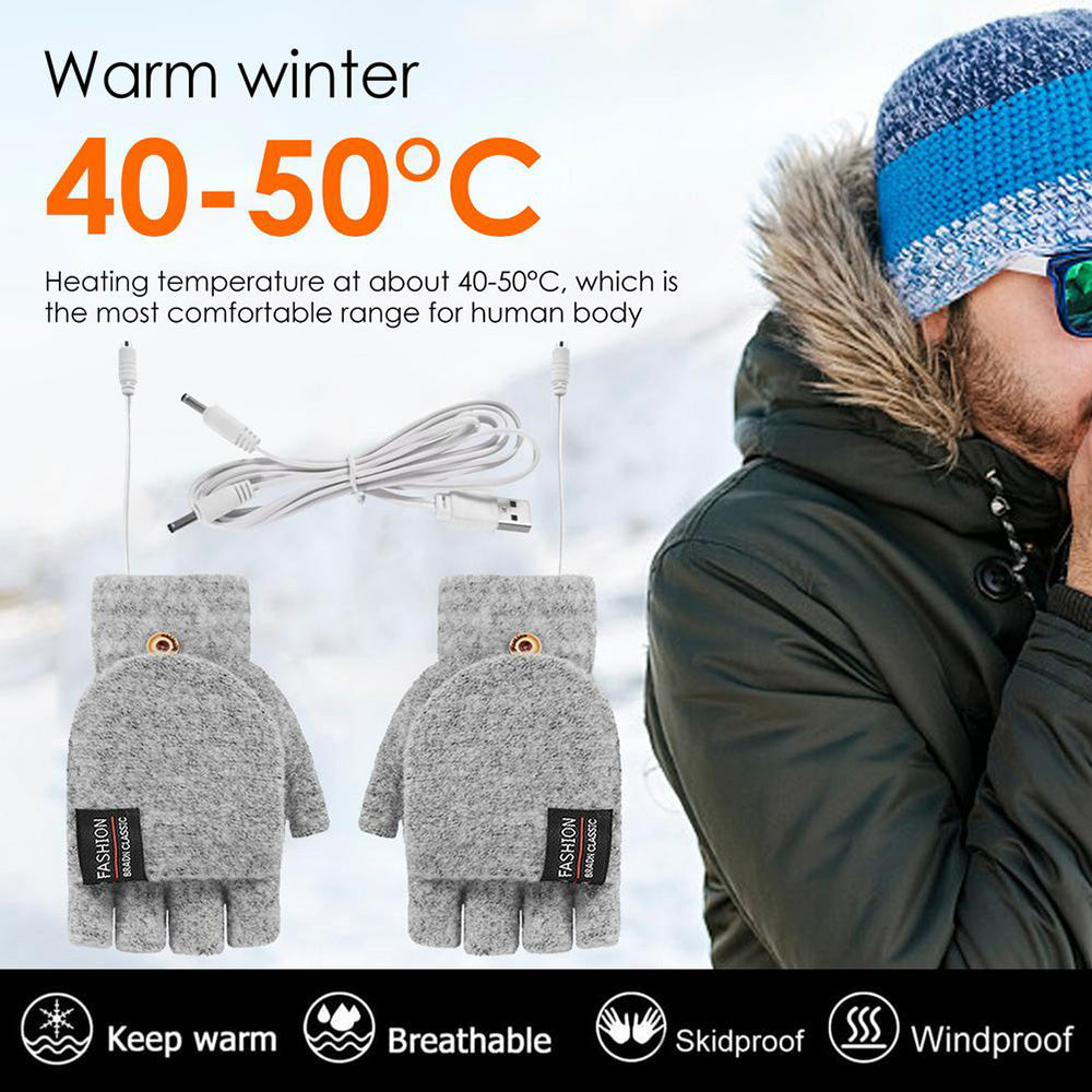 1 Pair USB Electric Heating Winter Gloves Warm Heated Polyester Half Finger Gloves with Flap Lid