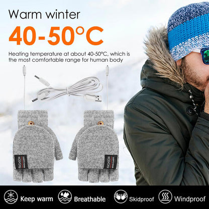 1 Pair USB Electric Heating Winter Gloves Warm Heated Polyester Half Finger Gloves with Flap Lid