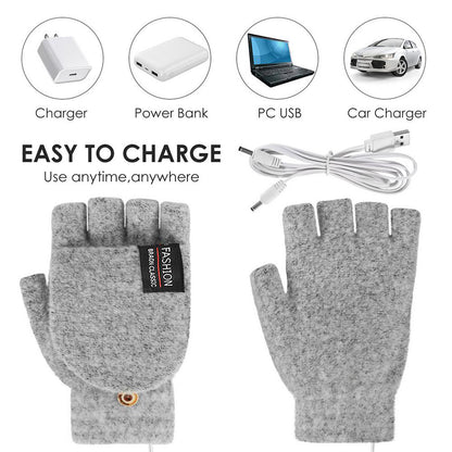 1 Pair USB Electric Heating Winter Gloves Warm Heated Polyester Half Finger Gloves with Flap Lid