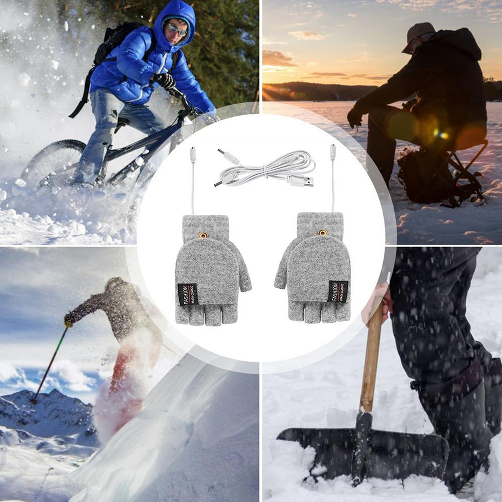 1 Pair USB Electric Heating Winter Gloves Warm Heated Polyester Half Finger Gloves with Flap Lid