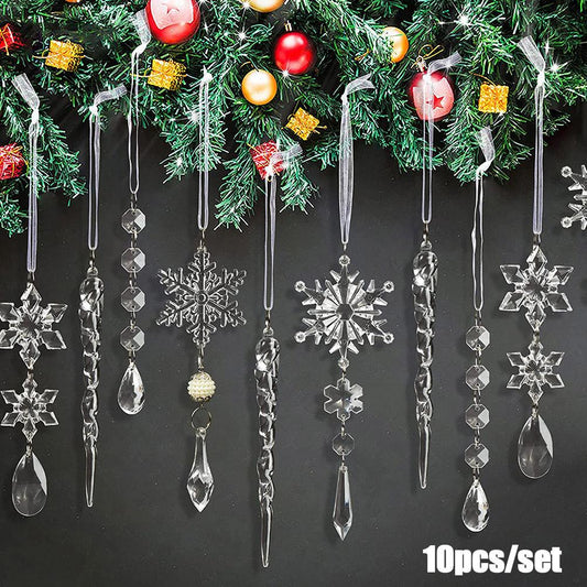 10PCS Fake Snow Flakes Home Christmas Ornaments Set Xmax Snowflake Hanging Icicles Simulated Ice Sticks