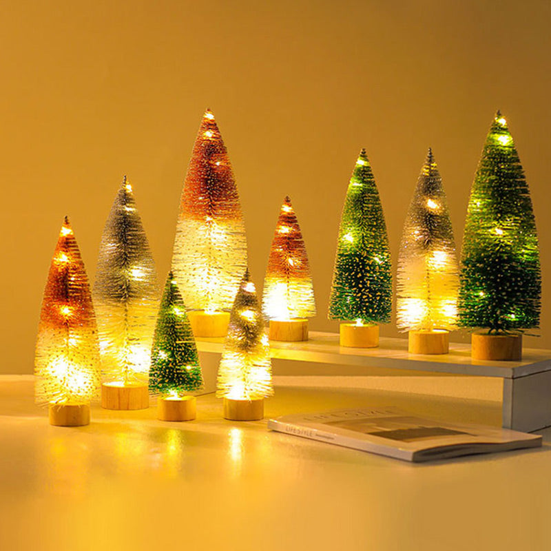 30cm Desktop Christmas Tree Ornament Wooden Base LED Light Mini Xmas Tree Desktop Decor, Size L