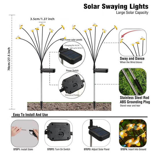 2Pcs Outdoor Solar Power Gardening Light Bee Style Water Resistant Garden Lawn Lamp
